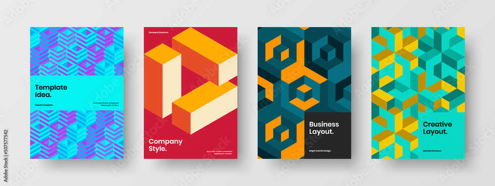 Clean pamphlet A4 design vector concept collection. Minimalistic geometric shapes corporate brochure template bundle.
