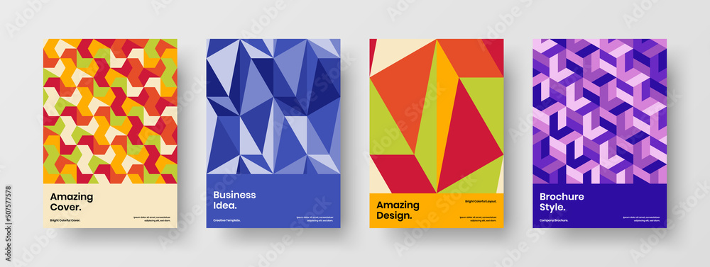 Fresh geometric tiles catalog cover concept set. Colorful leaflet A4 design vector template composition.