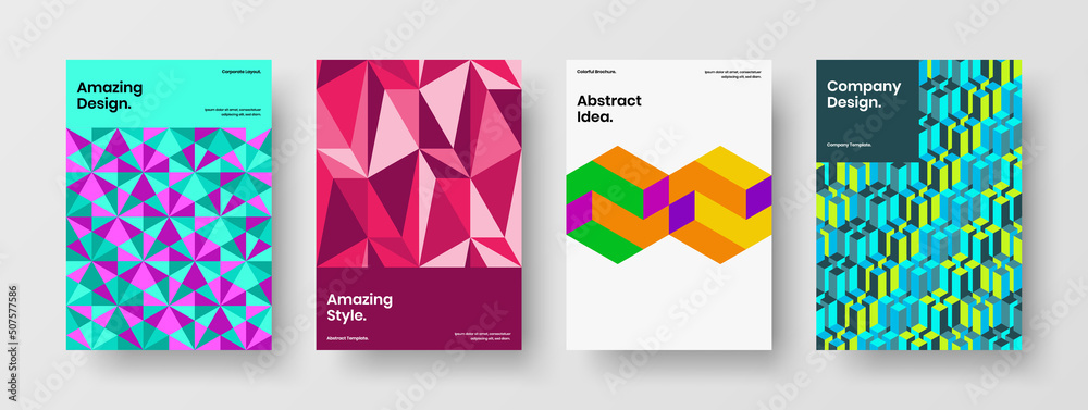 Minimalistic geometric hexagons journal cover concept set. Isolated company brochure design vector layout composition.