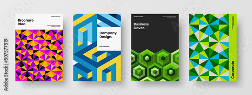 Premium journal cover A4 design vector layout set. Fresh mosaic hexagons brochure illustration collection.