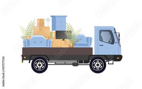 Car with a lot of boxes and things. Moving house concept. Isolated on white background. Illustration in vector