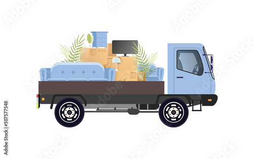 Car loaded with boxes and belongings. Concept of relocating. On a white background, isolated. Vector illustration