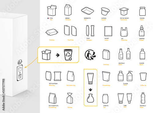 A set of packaging type icons for recycled sorting. Vector elements are made with high contrast, well suited to different scales. Ready for use in your design. EPS10.	 photo