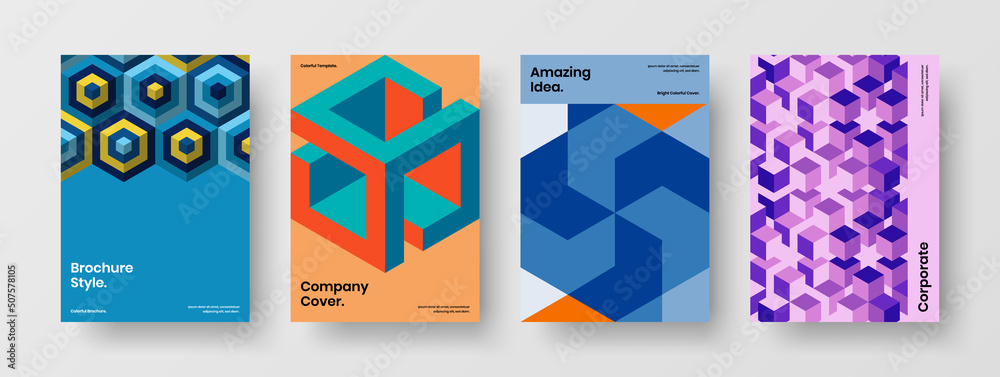 Bright mosaic shapes catalog cover layout bundle. Colorful presentation A4 design vector concept set.
