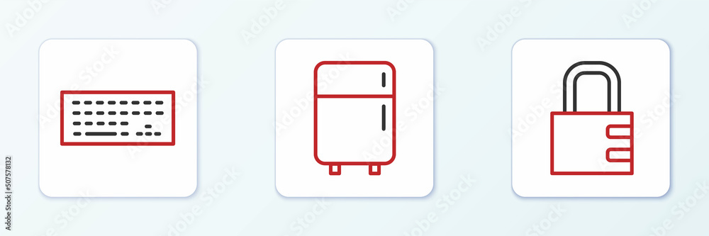 Set line Safe combination lock, Keyboard and Refrigerator icon. Vector