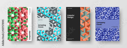 Modern corporate brochure A4 vector design layout set. Creative geometric tiles journal cover concept collection.