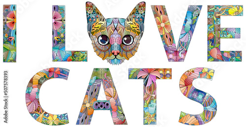 I LOVE CATS. Vector zentangle object for decoration