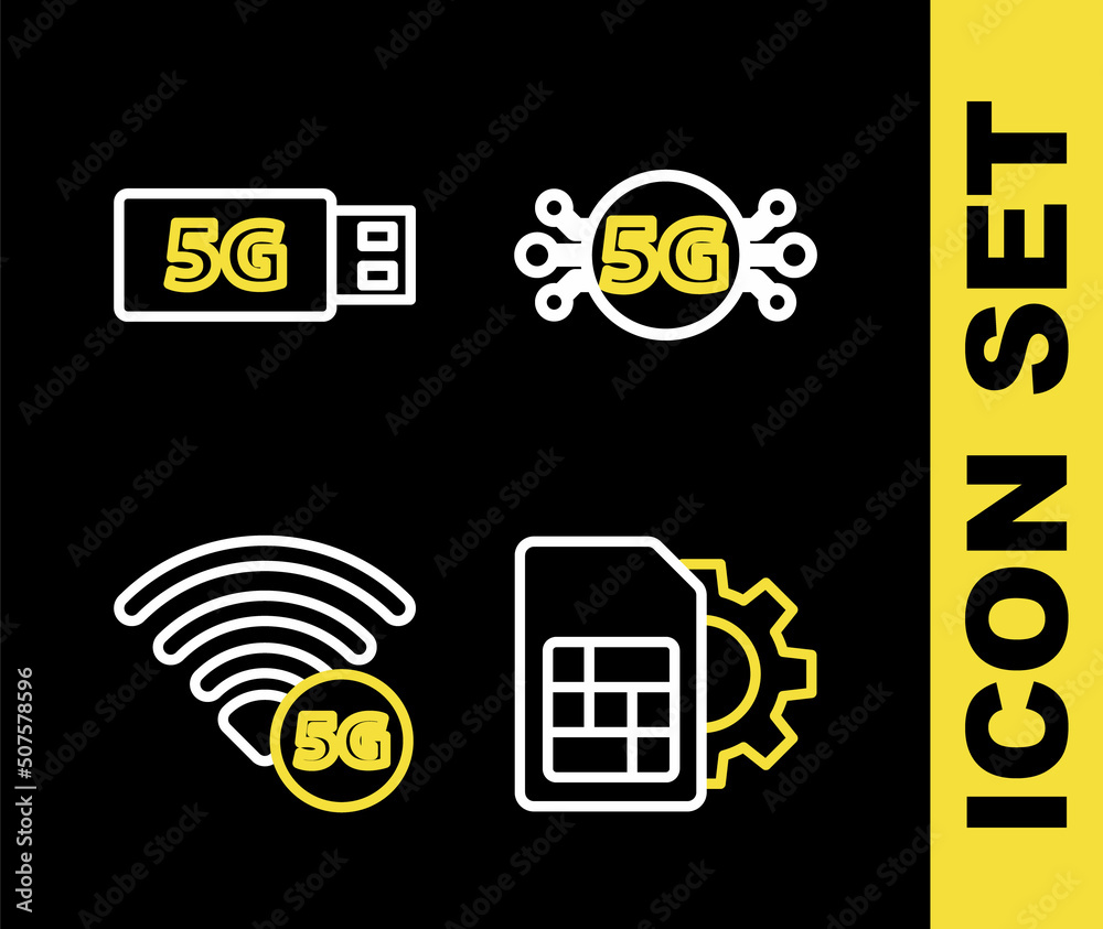 Set line 5G network, Sim card setting, and modem icon. Vector Set line 5G network, Sim card setting, and modem icon. Vector