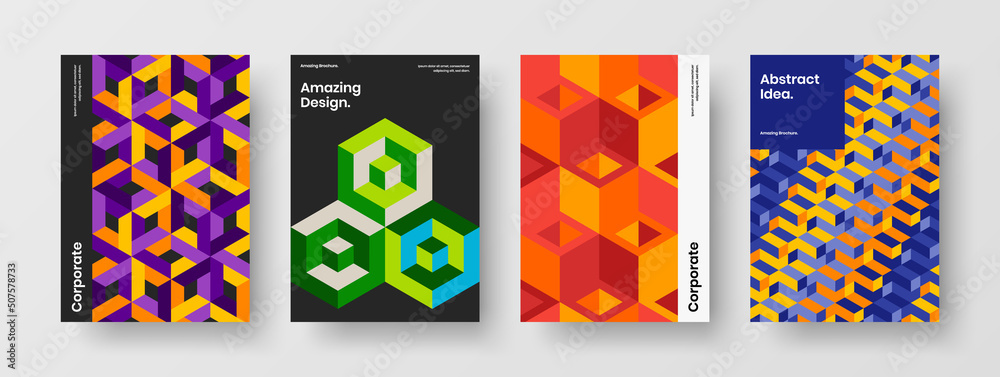Fototapeta premium Amazing geometric tiles banner concept set. Colorful brochure A4 vector design layout bundle.