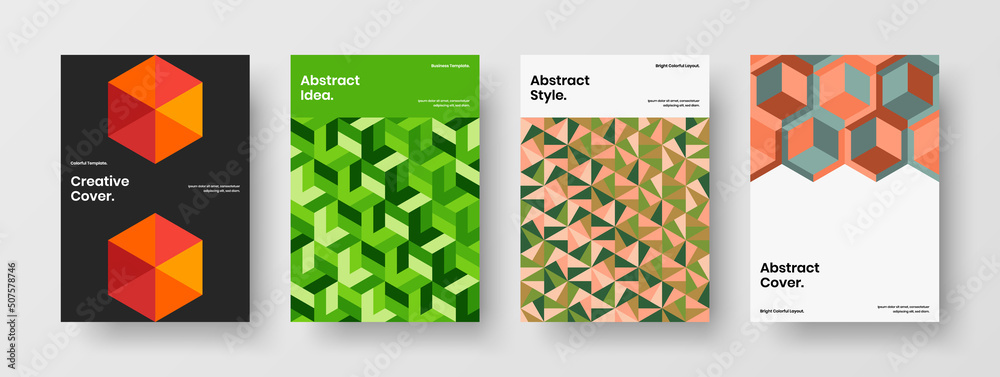 Unique mosaic tiles company brochure layout collection. Multicolored leaflet design vector concept bundle.
