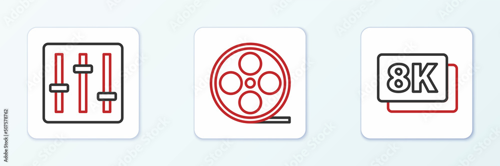 Set line 8k Ultra HD, Sound mixer controller and Film reel icon. Vector Set line 8k Ultra HD, Sound mixer controller and Film reel icon. Vector