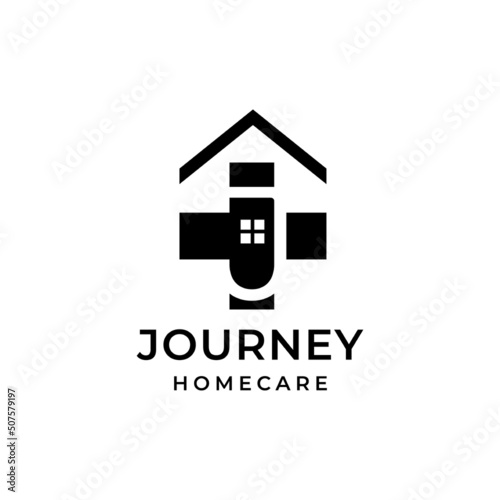 Journey Home Care with J, plus, roof, windows symbol logo design template
