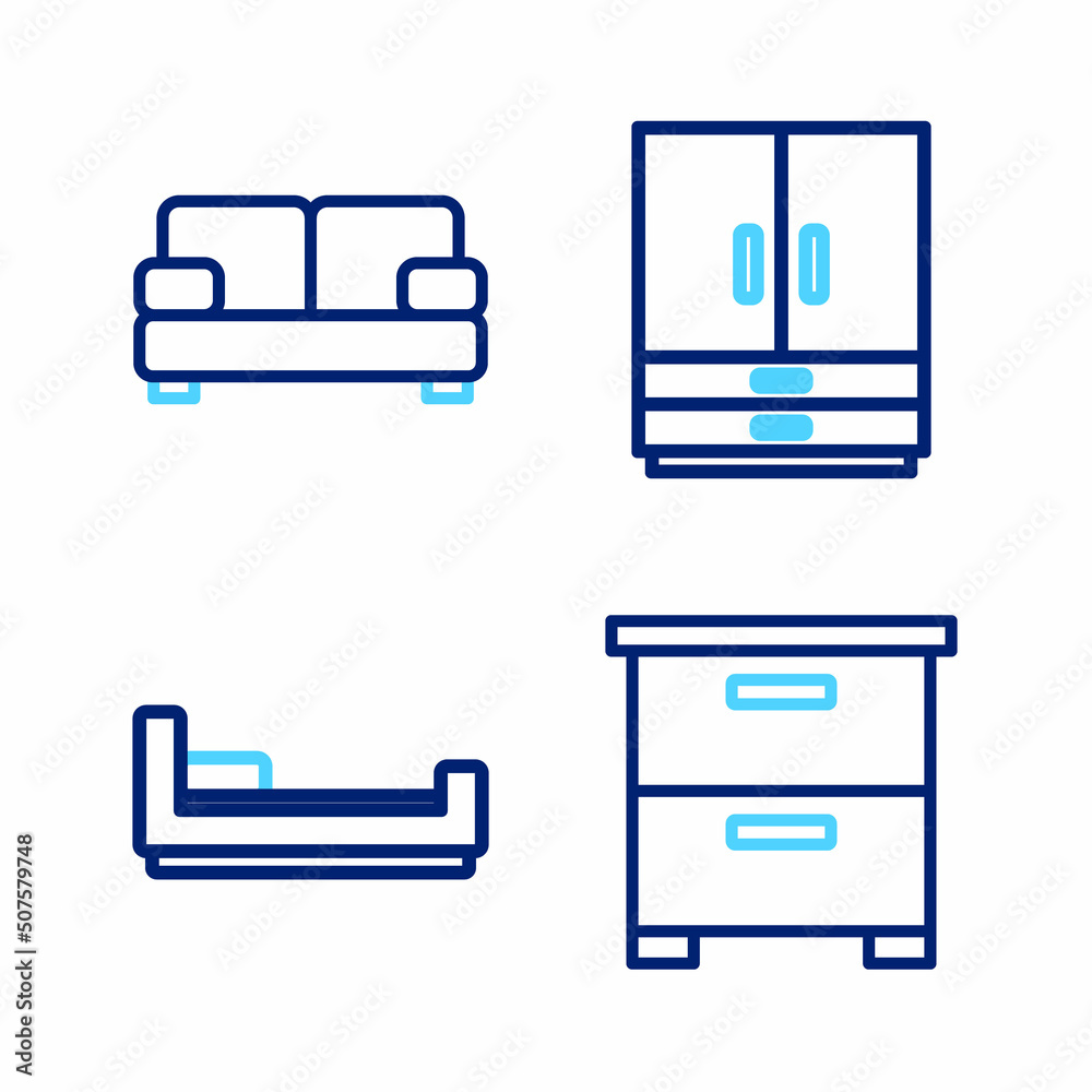 Set line Furniture nightstand, Bed, Wardrobe and Sofa icon. Vector Set line Furniture nightstand, Bed, Wardrobe and Sofa icon. Vector