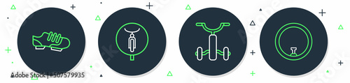 Set line Bicycle, for kids, shoes and wheel icon. Vector