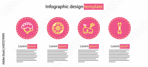 Set line Stationary bicycle, Wrench spanner, Bicycle wheel and helmet icon. Vector