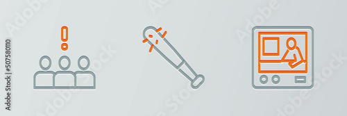 Set line Television report, Crowd protest and Baseball bat with nails icon. Vector