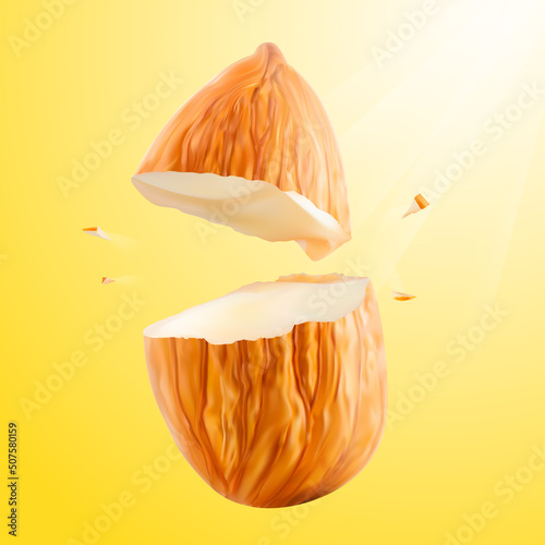 Exploded almond nut with chunks on colored background. Vector illustration. Ready to use for your design, presentation, promo, ad. EPS10.	
