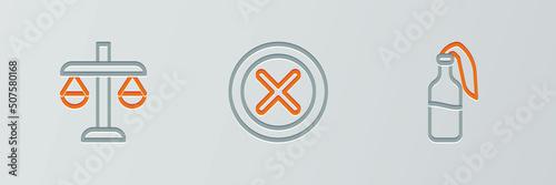 Set line Cocktail molotov, Scales of justice and X Mark, Cross in circle icon. Vector