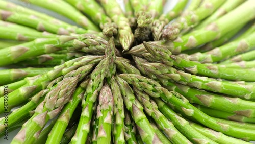 Fresh Asparagus close up, rotation. Fresh and tasty organic asparagus