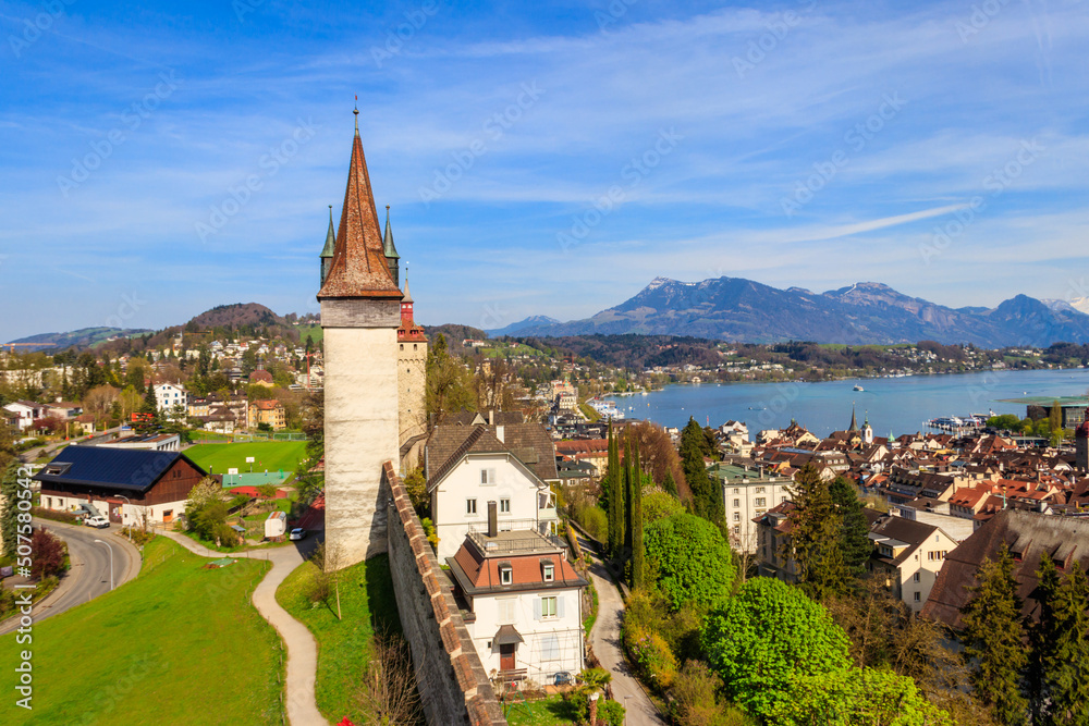 Top view on Lake Lucerne and old town with Musegg wall and towers in Lucerne city, Switzerland