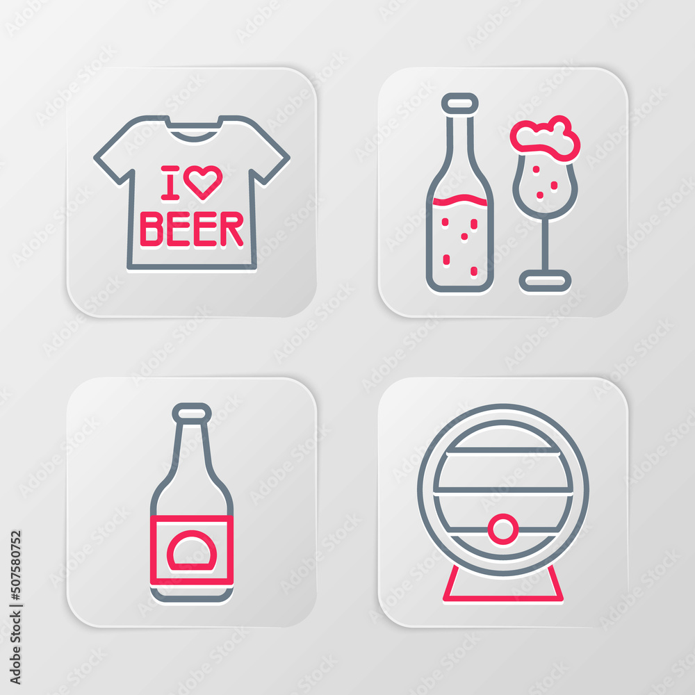 Set line Wooden barrel on rack, Beer bottle, and glass and T-shirt icon. Vector Set line Wooden barrel on rack, Beer bottle, and glass and T-shirt icon. Vector