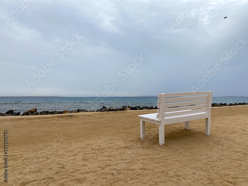 Lonely bench with sea view panorama