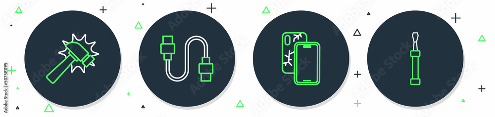 Set line USB cable cord, Mobile with broken screen, Hammer and Screwdriver icon. Vector Set line USB cable cord, Mobile with broken screen, Hammer and Screwdriver icon. Vector