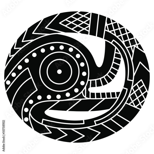 Ethnic Native American design. Fantastic animal in oval shape. Mississippian culture. Black and white negative silhouette. photo