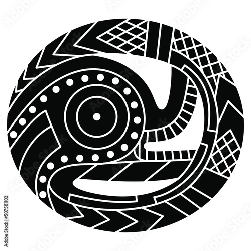 Ethnic Native American design. Fantastic animal in oval shape. Mississippian culture. Black and white negative silhouette.