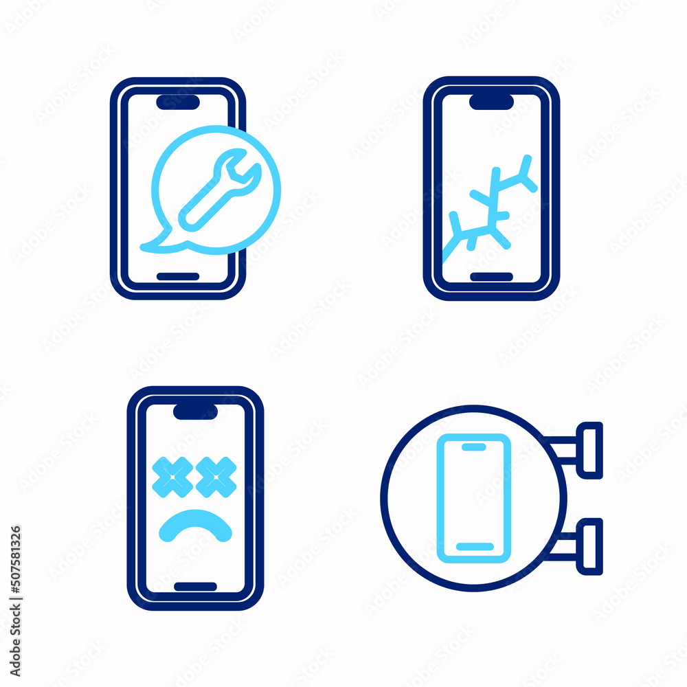 Set line Phone repair service, Dead mobile, Mobile with broken screen and icon. Vector Set line Phone repair service, Dead mobile, Mobile with broken screen and icon. Vector