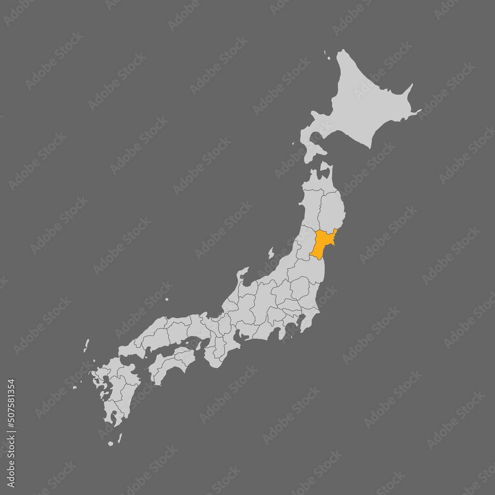 Miyagi prefecture highlighted on the map of Japan