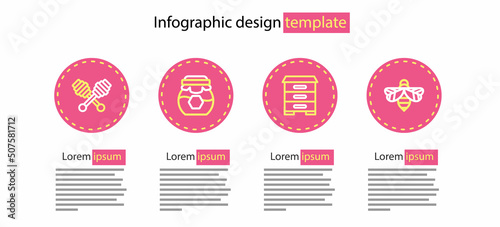 Set line Hive for bees, Bee, Jar of honey and Honey dipper stick icon. Vector