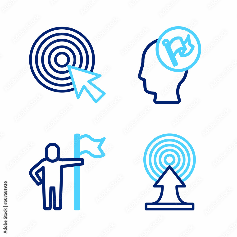 Set line Target with arrow, Man holding flag, Hand and icon. Vector Set line Target with arrow, Man holding flag, Hand and icon. Vector