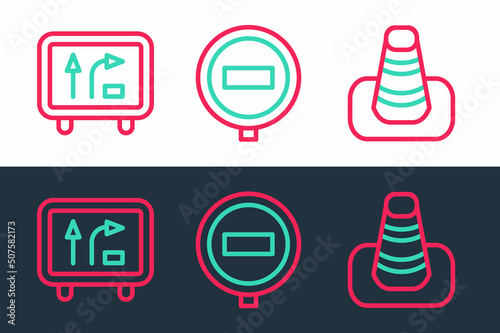 Set line Traffic cone, Road traffic sign and Stop icon. Vector