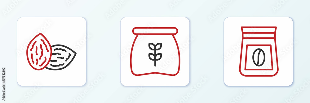 Set line Bag of coffee beans, Seed and flour icon. Vector Set line Bag of coffee beans, Seed and flour icon. Vector