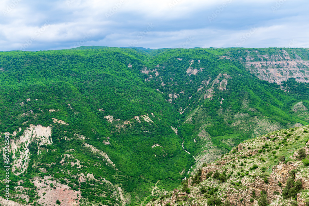mountain landscape, view of a huge gorge with rocky green slopes