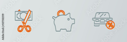 Set line Car leasing percent, Scissors cutting money and Piggy bank icon. Vector