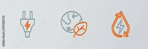 Set line Water energy, Electric plug and Earth globe and leaf icon. Vector