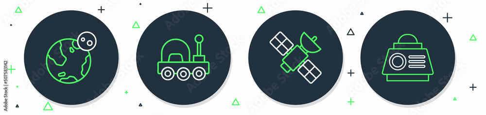 Set line Mars rover, Satellite, Earth globe and Space capsule icon. Vector Set line Mars rover, Satellite, Earth globe and Space capsule icon. Vector