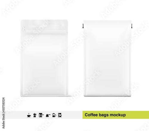 Realistic food bags mockup isolated on white background. Front view. Can be used on packaging, advertising, promo, etc. EPS10.	