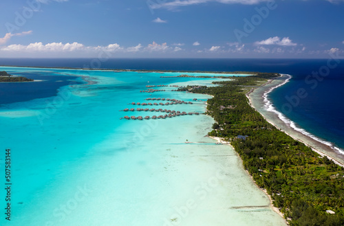 Fototapeta Naklejka Na Ścianę i Meble -  Aerial Bora Bora Overwater luxury bungalows tropical Island