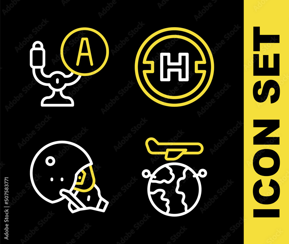 Set line Helicopter landing pad, Globe with flying plane, Modern pilot helmet and Aircraft steering icon. Vector Set line Helicopter landing pad, Globe with flying plane, Modern pilot helmet and Aircraft steering icon. Vector