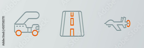 Set line UAV Drone, Passenger ladder and Airport runway icon. Vector
