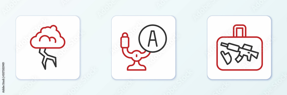 Set line Suitcase, Storm and Aircraft steering helm icon. Vector Set line Suitcase, Storm and Aircraft steering helm icon. Vector