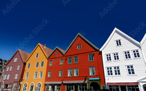 View of Bryggen Bergan famous wooden buildings Norway