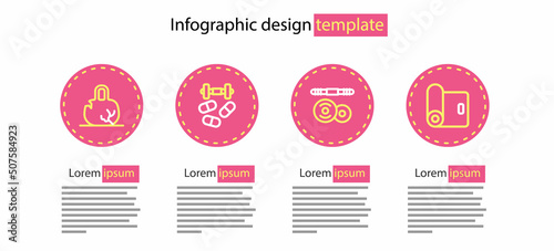 Set line Barbell, Fitness mat roll, Sports doping with dumbbell and Broken weight icon. Vector