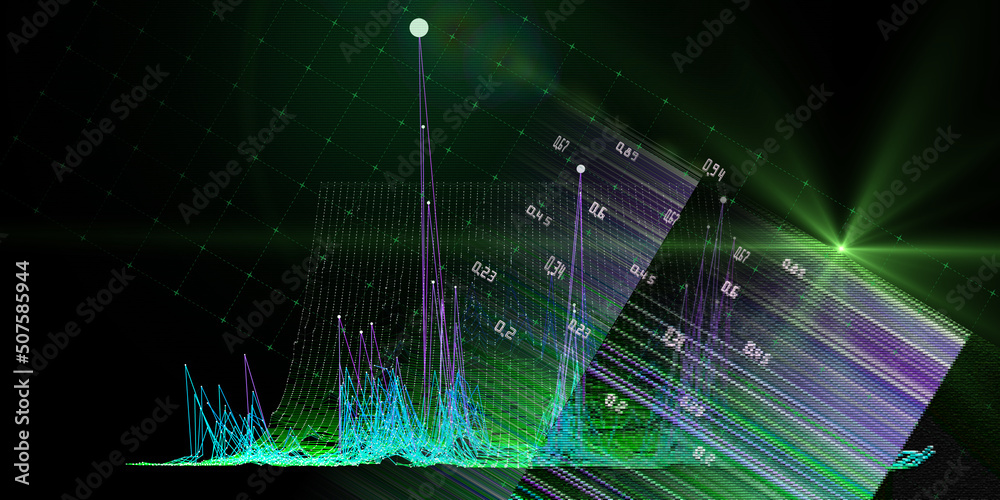 Abstract  background with 3d grid and color lines on dark.  Visual presentation on the analysis of big data.  Banner for business, science and technology data analytics representation. Big data.