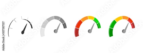 Meter scale with arrow. The measuring device icons set. Sign tachometer, speedometer, indicators. Illustration in isometric style. Infographic gauge elements
