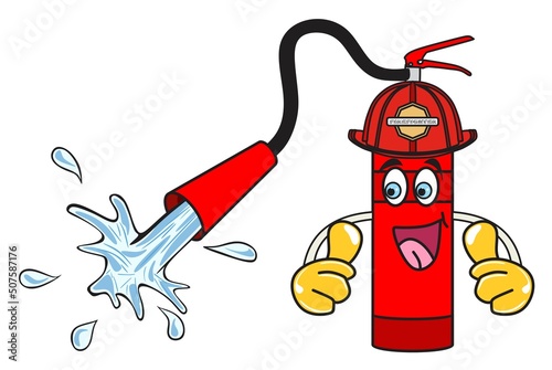 Cartoon fire extinguisher character for school kids safety awareness water fight firefighter concept vector drawing fighter illustration smile thumbs up funny training  hose logo icon sign