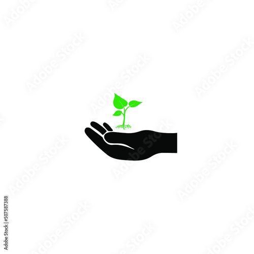hand with green tree sprout on white background